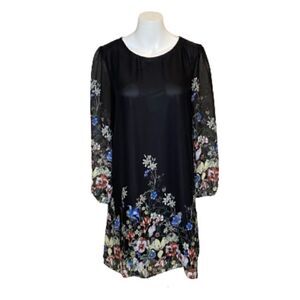 Kate Kasin black floral long sleeve chiffon dress size S